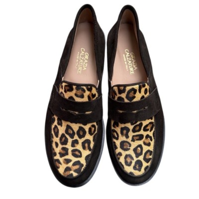 mocassino Holly in camoscio moro e inserto animalier maculato