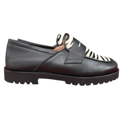 mocassino Holly in pelle nero e inserto animalier zebrato
