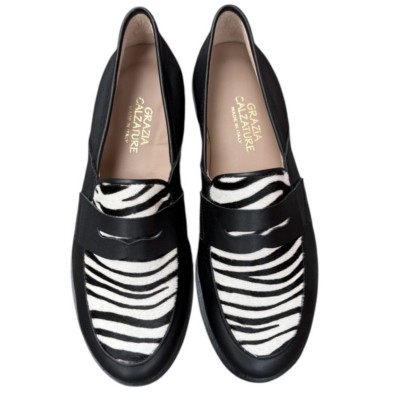 mocassino Holly in pelle nero e inserto animalier zebrato