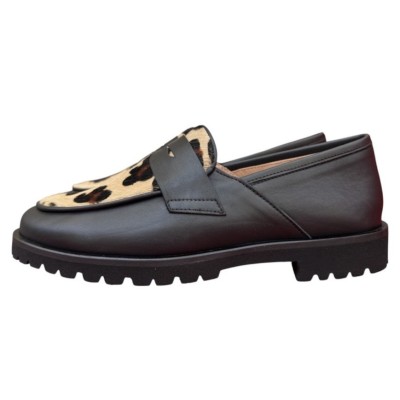 mocassino Holly in pelle nero e inserto animalier maculato