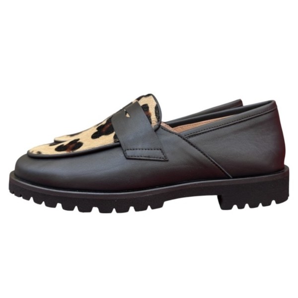 mocassino Holly in pelle nero e inserto animalier maculato