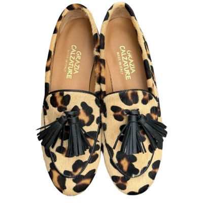 mocassino Elettra in pelle animalier maculato profilo in pelle nero