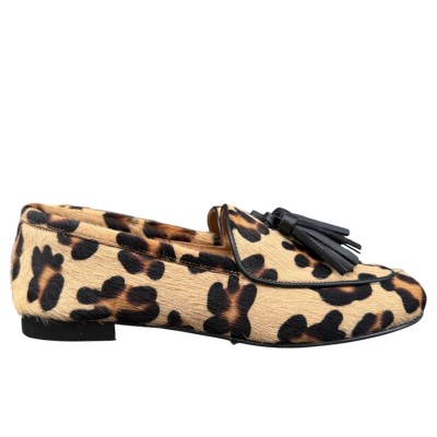 mocassino Elettra in pelle animalier maculato profilo in pelle nero